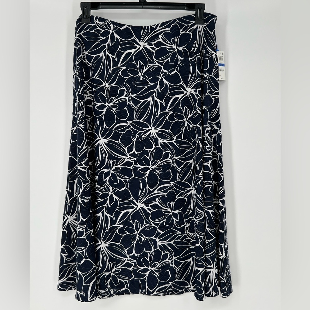 JM COLLECTION SOFT DRESSING LEAF FLOW PULLON SKIRT BLUE AND WHITE, SOFT, LOVELY